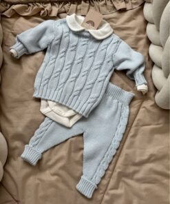Gebreide 3-delige set kraagje babyblauw