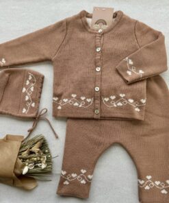 Gebreide 3-delige Set Chestnut Cream Hearts